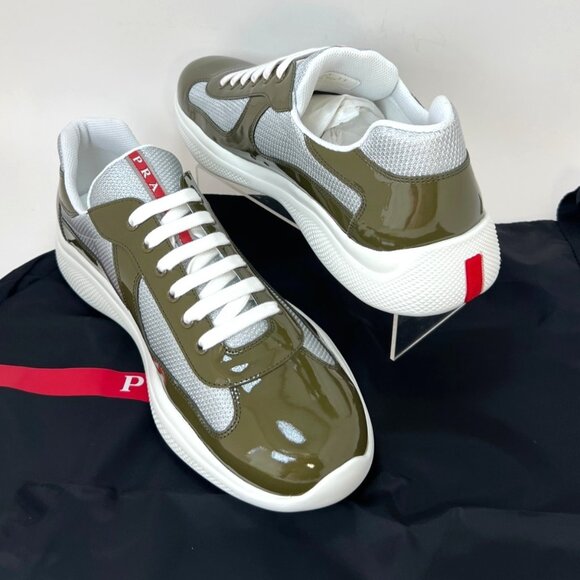 Prada Americas Cup Men Sneakers Vernice Bike Low Top Loden Argento Size UK11 - Picture 2 of 15